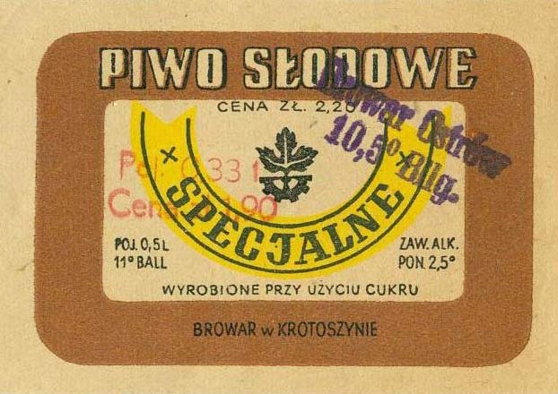 etykieta z browaru Krotoszyn,
stempel browaru Ostrów i ceny