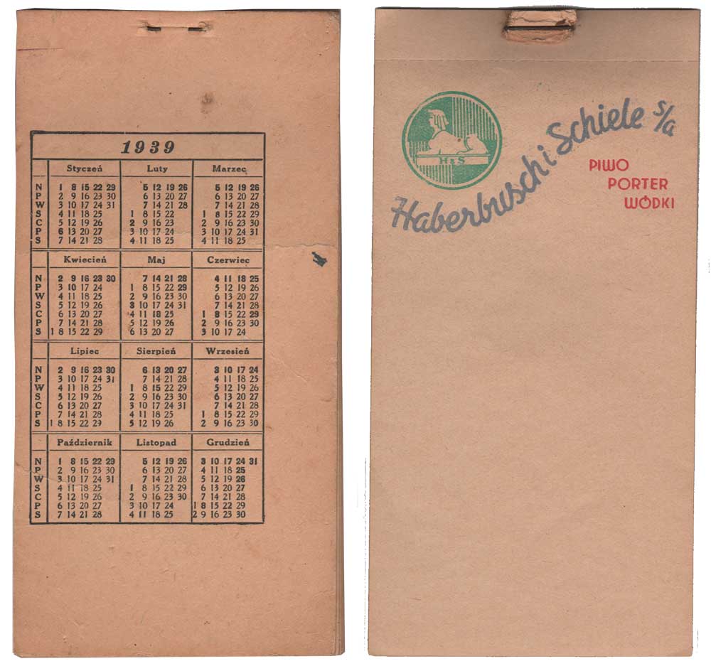 kalendarzyk na odwrocie bloczków kelnerskich,
rok 1939