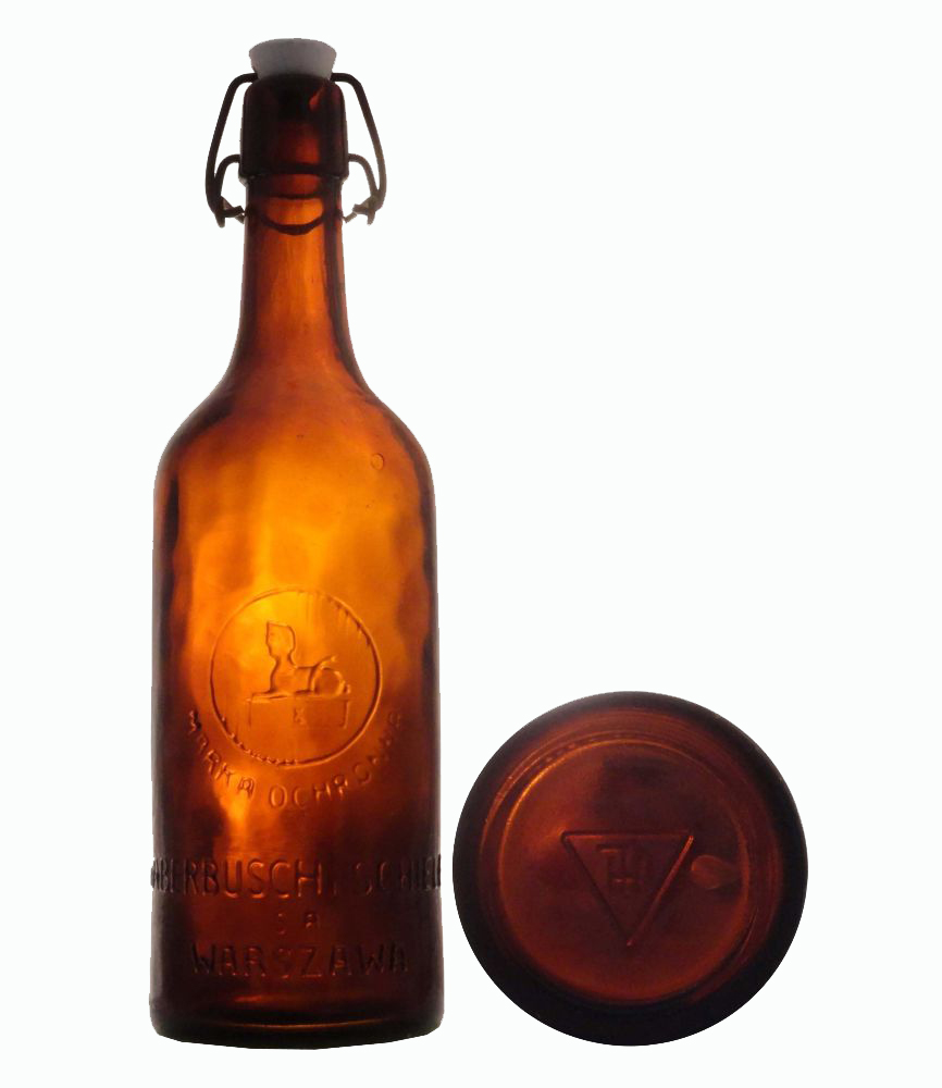 sfinks,
MARKA OCHRONNA,
HABERBUSCH i SCHIELE,
S.A.
WARSZAWA,
pojemnośc około 0,6 l. tzw. kwasówka,
huta w trójkącie HT,