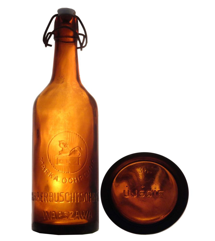 sfinks,
MARKA OCHRONNA,
HABERBUSCH i SCHIELE,
WARSZAWA,
pojemnośc około 0,6 l. tzw. kwasówka,
huta 36. UJŚCIE,