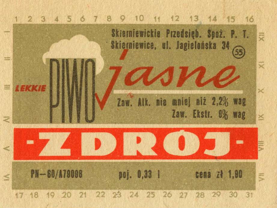 piwo jasne zdrój, PN-60,
poj. 0,33 l, Cena zł 1,90