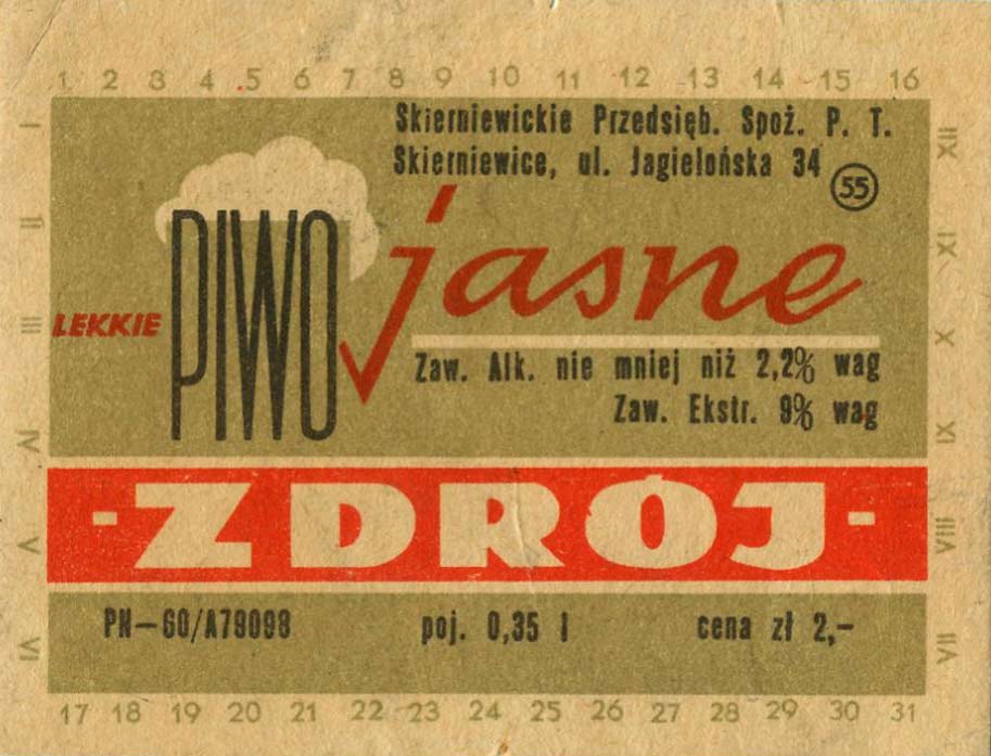 piwo jasne zdrój, PN-60,
poj. 0,35 l, Cena zł 2,-