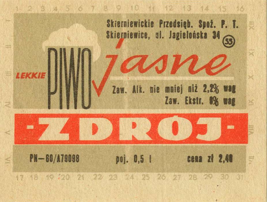 piwo jasne zdrój, PN-60,
poj. 0,5 l, Cena zł 2,40