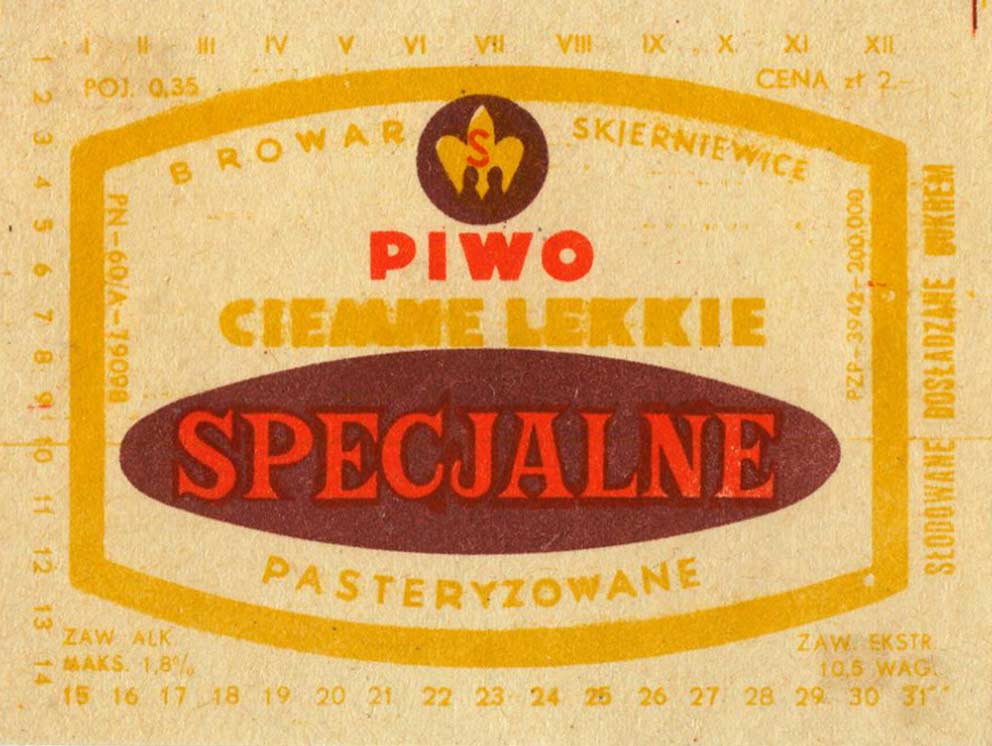 Piwo Specjalne, POJ. 0,35,
CENA zł 2.-, PN-60,
inna czcionka i kalendarz