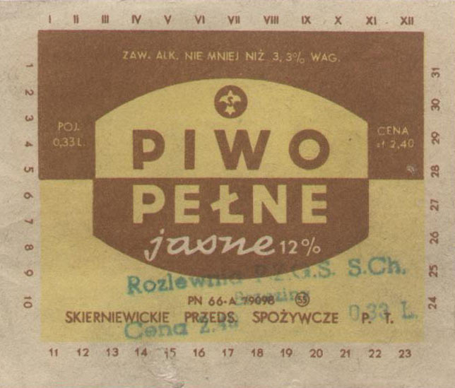 POJ. 0,33 L, CENA zł 2,40,
PN-66, 84x70 mm,
stempel