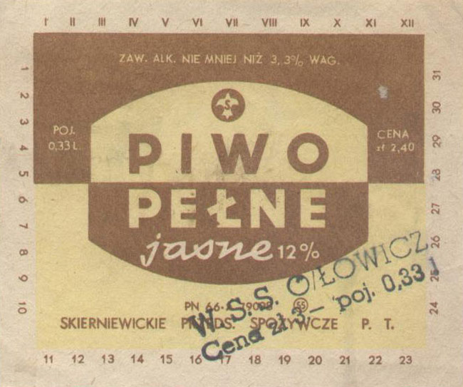 POJ. 0,33 L, CENA zł 2,40,
PN-66, 84x70 mm,
stempel