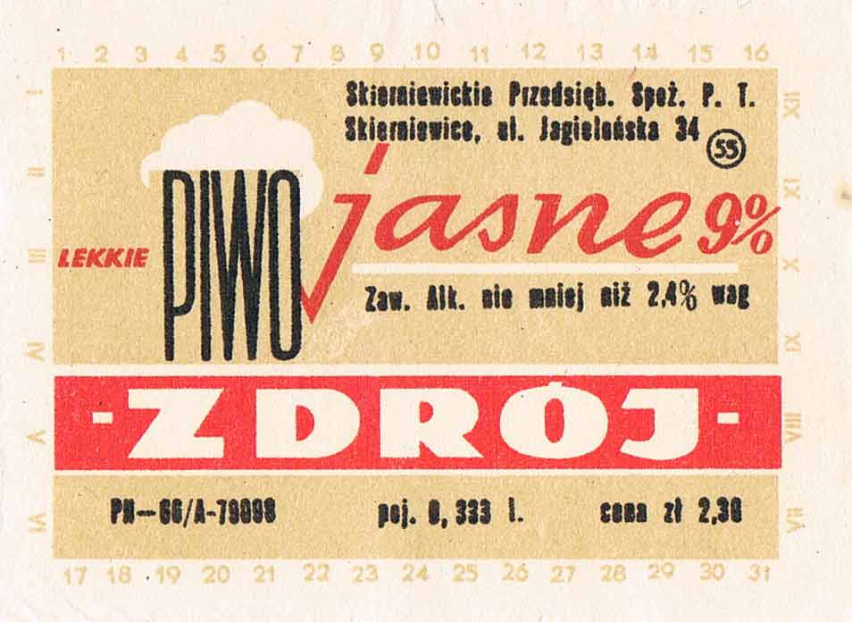 piwo jasne zdrój 9 %, PN-66,
poj. 0,333 l., Cena zł 2,30