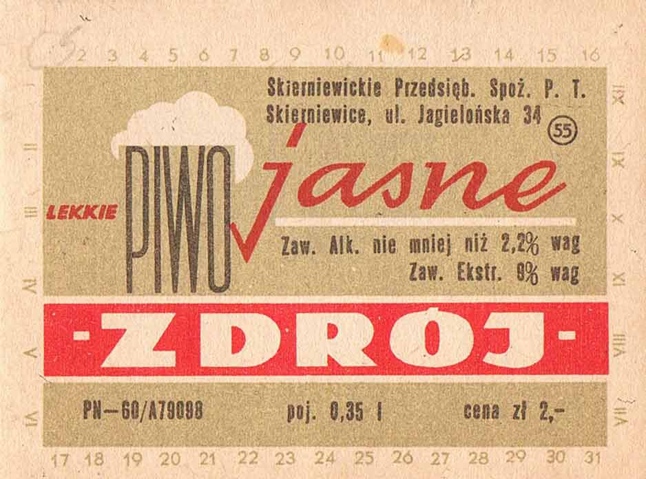 piwo jasne zdrój, PN-60,
poj. 0,35 l, Cena zł 2,-,
brak 1 w datowniku dni