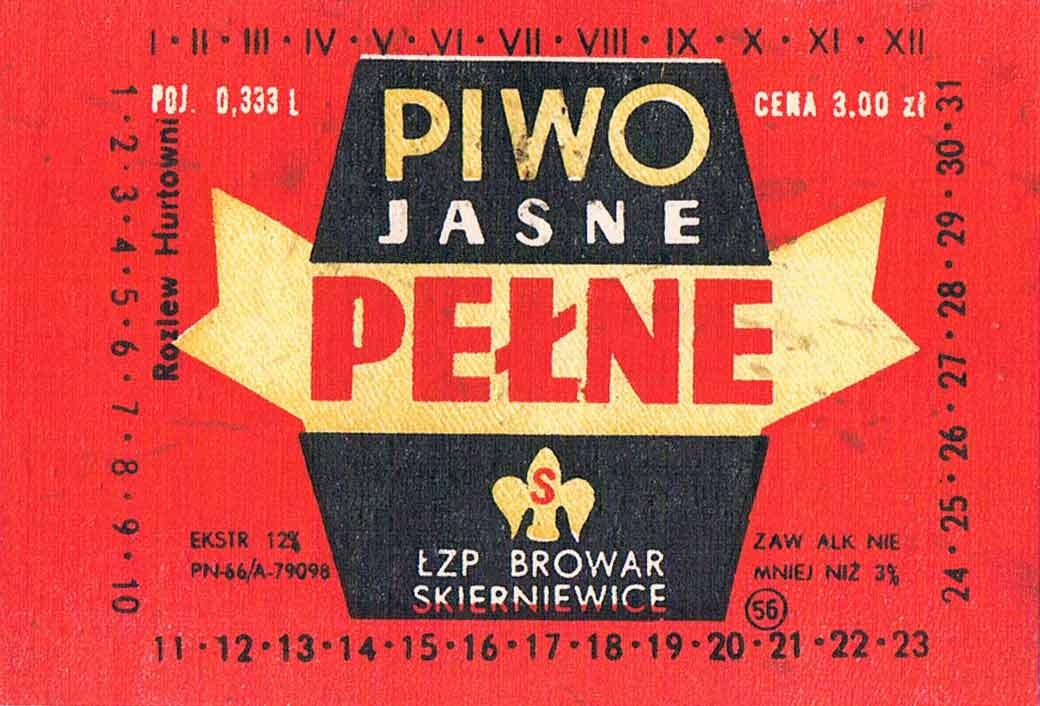 PEŁNE, POJ. 0,333 L,
CENA 3.00 zł, PN-66,
Rozlew Hurtowni przesunięty względem datownika dni