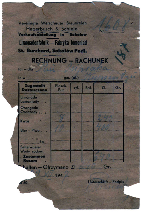 lata 1940-1944
firmowy rachunek składu
St. Burcharda w Sokołowie Podlaskim