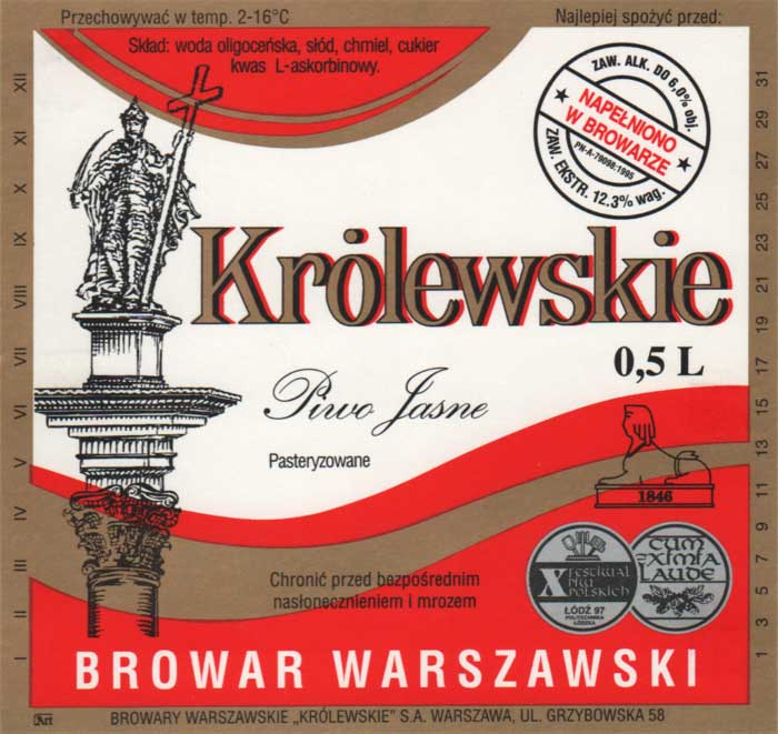 Pasteryzowane, na górnej złotej ramce "Najlepiej ...", 12,3%, sygnatura Art odsunięta od "BROWARY..." 7,5 mm