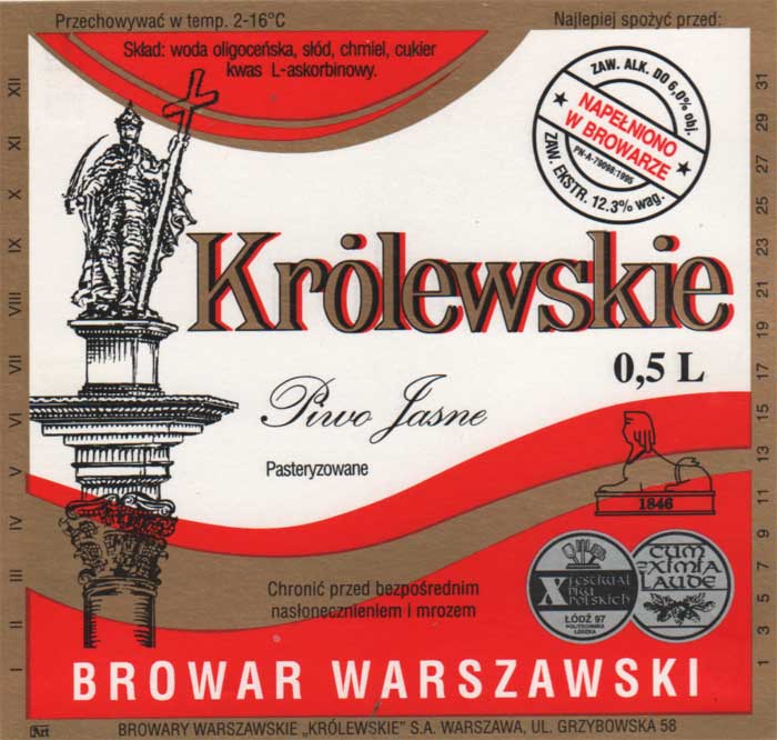 Pasteryzowane, na górnej złotej ramce "Najlepiej ...", 12,3%, sygnatura Art odsunięta od "BROWARY..." 9 mm