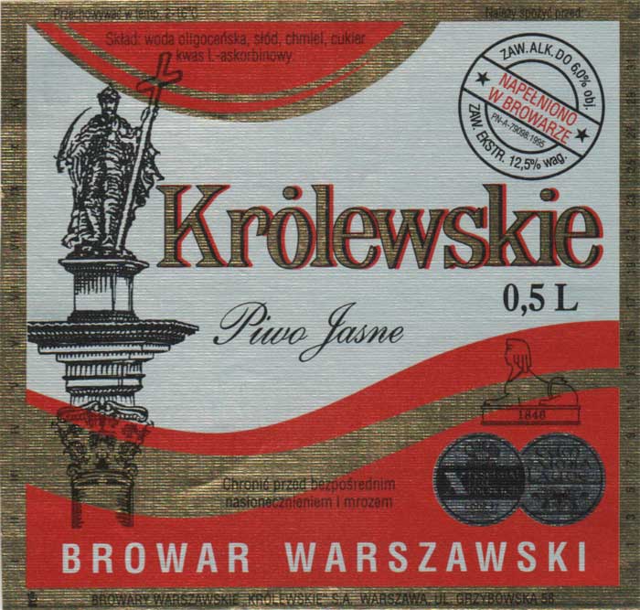 6,0 %, medale, w adresie ,,KRÓLEWSKIE'', temp. 2-16*C, sygnatura drukarni elbląskiej, papier metaliczny z fakturą, próba