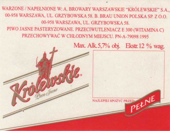 PEŁNE, R-ka przy nazwie czerwona, papier samoprzylepny z połyskiem, etykieta na KEG