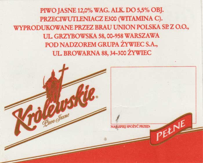 PEŁNE, nowy układ opisów, papier samoprzylepny matowy, etykieta na KEG