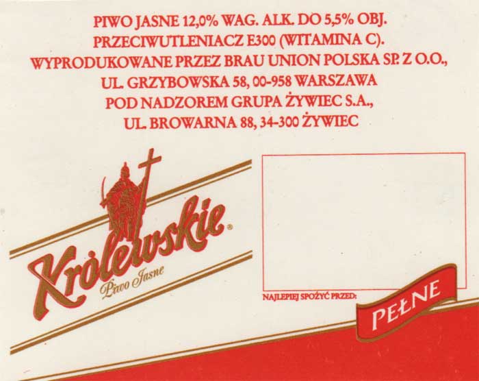 PEŁNE, nowy układ opisów, papier samoprzylepny chromoluks, etykieta na KEG