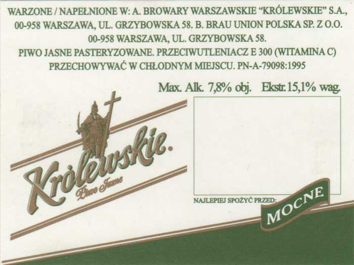 MOCNE, wers "Max. Alk. ..." opuszczony w stosunku do powyższych opisów, papier samoprzylepny matowy, etykieta na KEG