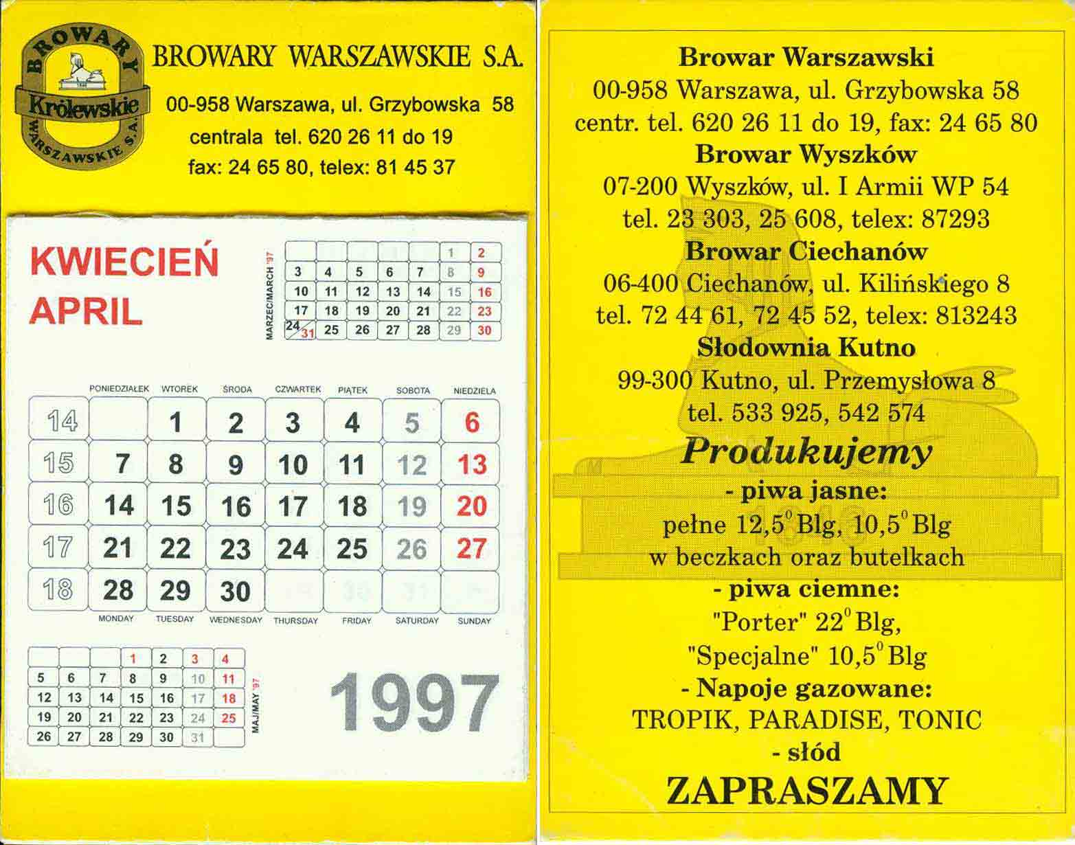 kalendarzyk biurkowy dwustronny,
rok 1997